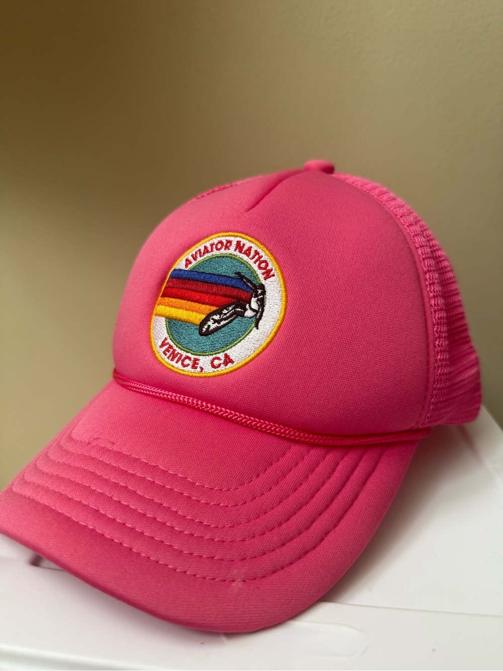 Aviator Nation Pink Trucker Hat Venice CA Adjustable Rainbow Blue White Logo EUC